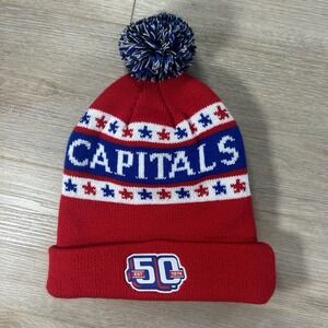 Washington Capitals 50th Anniversary Knit Beanie Hat Red Blue Pom Winter Cap NHL